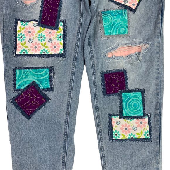 Nobo Jeans Patchwork Boho Distressed Flower Teal Pink Button Fly Junior 11 - Picture 6 of 13